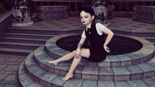 3D fan-art of goth schoolgirl Wednesday Addams showing her cute bare feet.