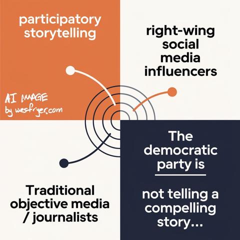 The image features a quadrant diagram with four sections labeled: "participatory storytelling," "right-wing social media influencers," "traditional objective media / journalists," and "The democratic party is not telling a compelling story..." The design includes interconnected lines and circles across