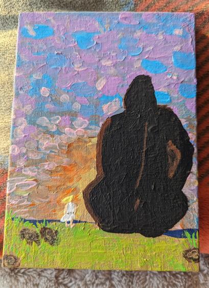 5x7 shelf art piece for the movie King Kong. The back side of King Kong is sitting on the cliffside watching the sunrise with the blonde lady standing next to him in a white robe blowing in the wind. The sunrise is various shades of orange yellows, pinks, light blues and lilac.