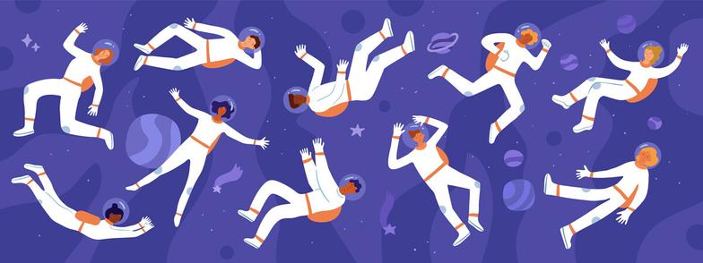 Illustration of astronauts floating in zero gravity
