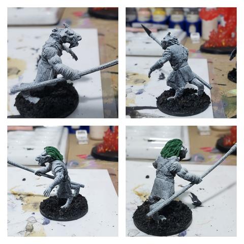 4 pics of Moobelline, the Frostgrave gnoll with a Games Workshop for head and greenstuff sculpted hair