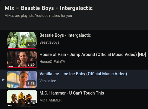 Screenshot of Youtube showing a mix with Beastie Boys - Intergalactic, House of Pain - Jump Around, Vanilla Ice - Ice Ice Baby, and MC Hammer - U Can't Touch This