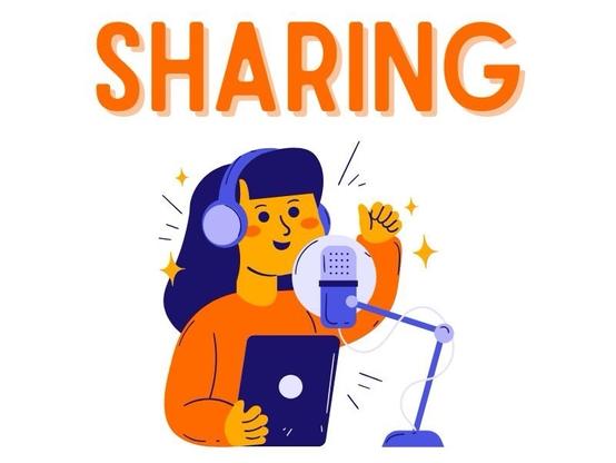 An illustration of a person wearing headphones, excitedly speaking into a microphone while holding a tablet. The word "SHARING" is prominently displayed above.