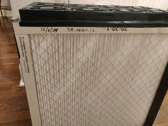 Another same/similar CR box, with a 20x20x1 (MERV-12) 3M filter, and the black PC fans on top. The date on this one reads "12/6/24" (so only a few days old). The filter material is nice and white, looking clean and new.