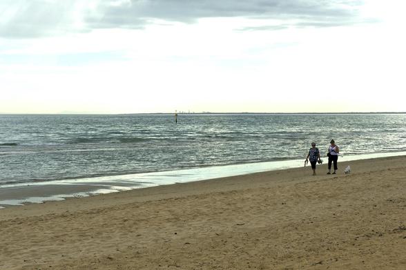 beach, sandy beach, Frankston Beach, dusk, two people walking, people walking a small dog, distant city view, waves breaking, empty beach, wet sand