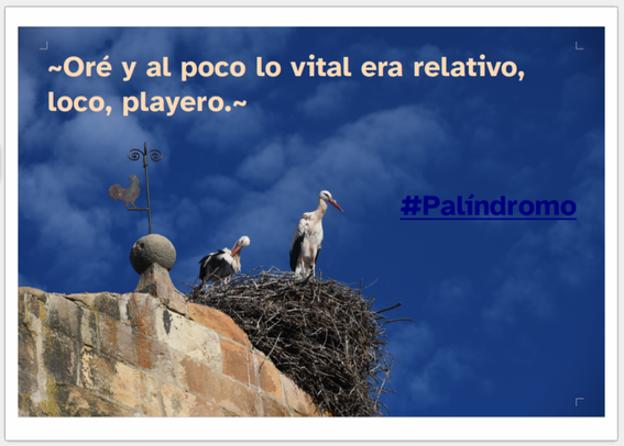 Imagen de cigüeñas en un nido sobre una espadaña que tiene una veleta con gorma de gallo, con un cielo de intenso azul aunque con nubes que tiene sobreescrito el texto del toot.