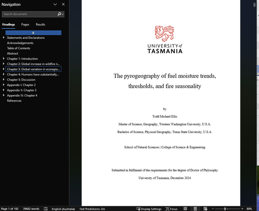 The pyrogeography of fuel moisture trends, thresholds, and fire seasonality: 5 chapters, 3 appendices, 192 pages, 39,682 words, 202 references, 5+ years.