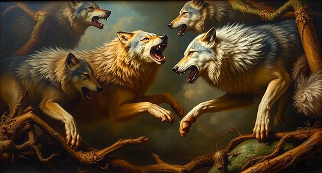 A dramatic digital artwork depicting five snarling wolves with bared teeth, shown in close-up against a dark, moody background. The wolves have detailed fur rendered in golden-brown and white tones. They appear to be confronting each other aggressively, with their paws extended and bodies positioned on what appears to be gnarled tree branches. The lighting creates a theatrical, Renaissance-style atmosphere with golden highlights contrasting against shadowy areas.