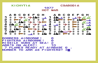 Screenshot of the Commodore Plus/4 porting of the classic game "Nukewar" (Winchell Chung for Avalon Hill Microcomputer Games, Inc., 1983), transposition of "NukeWar" developed in 1978 by Gary Bedrosian on a North Star computer.

Screenshot del porting su Commodore Plus/4 porting del gioco classico"Nukewar" (Winchell Chung per Avalon Hill Microcomputer Games, Inc., 1983), trasposizione  di "NukeWar" sviluppato nel 1978 da Gary Bedrosian su un computer della North Star.
