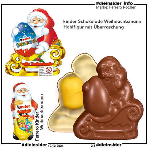 Hier zeigen wir als Info von Ferrero einmal den "Kinder Schokolade Weihnachtsmann Hohlfigur mit Überraschung" du den "Kinder Weihnachtsmann".