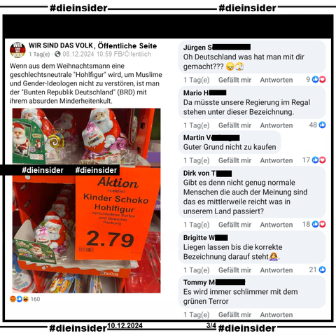 Hier zeigen wir den Post der öffentlichen Seite "WIR SIND DAS VOLK", die auch das Bild mit dem Supermarkt Aufsteller und den Ferrero Kinder Produkten und einem Aktionsschild mit "Kinder Schoko Hohlfigur. Verschiedene Sorten und Gewichte. Packung 2.79 Euro." teilen."
Sie schreiben dazu "Wenn aus dem Weihnachtsmann eine geschlechtsneutrale "Hohlfigur" wird, um Muslime und Gender-Ideologen nicht zu verstören, ist man der "Bunten Republik Deutschland" (BRD) mit ihrem absurden Minderheitenkult."

Wir zeigen u.a. die Kommentare "Oh Deutschland was hat man mit dir gemacht?", "a müsste unsere Regierung im Regal stehen unter dieser Bezeichnung.", "Guter Grund nicht zu kaufen.", "Gibt es denn nicht genug normale Menschen die auch der Meinung sind das es mittlerweile reicht was in unserem Land passiert?", "Liegen lassen bis die korrekte Bezeichnung darauf steht." und "Es wird immer schlimmer mit dem grünen Terror."