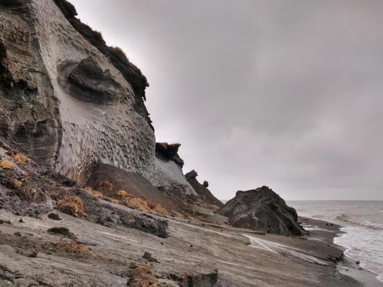 Coastal erosion along a beach with steep cliffs made of ice and sediment. The scene is overcast, with gray skies and waves lapping at the shore. Vegetation remnants and dark, muddy ground add texture to the landscape.