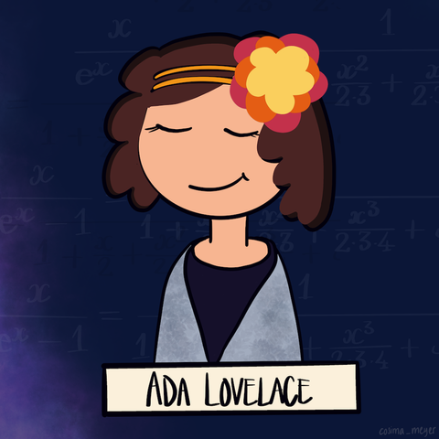 Image of Ada Lovelace (a brown-haired person wearing a flower in her hair). The image has a darker background with nebula and a mathematical formula.