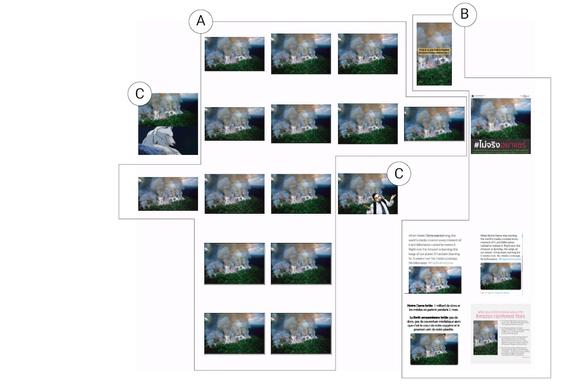 Tracing variations and different visual articulations of pre-2003 burning forest image shared by Macron and others in association with 2019 Amazon fires. The image shows variations of the same image clustered into different sections (labelled A, B, C). Some of them have text, some of them have overlaid elements and characters.