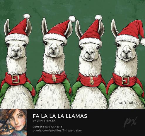 An art print of four llamas dressed as Santa's elves with red and green jackets and Santa hats. Art by Lisa S Baker.