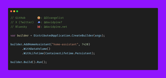 .NET Aspire app host: Consuming the HomeAssistant integration.