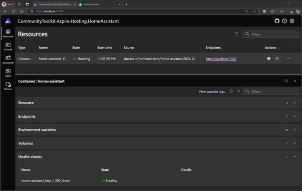 .NET Aspire dashboard: Depicting running HomeAssistant persistent container with HTTP health check.