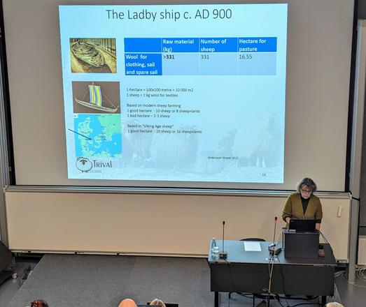 A presentation slide titled 'The Ladby ship c. AD 900' showing data about wool production. The slide includes three images: the Ladby ship remains, a reconstruction drawing with striped sail, and a map. A table shows that 331 sheep requiring 16.55 hectares of pasture were needed for wool for clothing, sail, and spare sail. Additional notes compare modern and Viking Age sheep farming practices