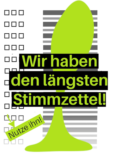 Text overlay: Wir haben den längsten Stimmzettel! Nutze Ihn!
Im Hintergrund ein angedeuteter Stimmzettel mit je drei Feldern und ein lang gezogener Bobbel (iFSR Logo inspiriert von Skulpturen im APB)
