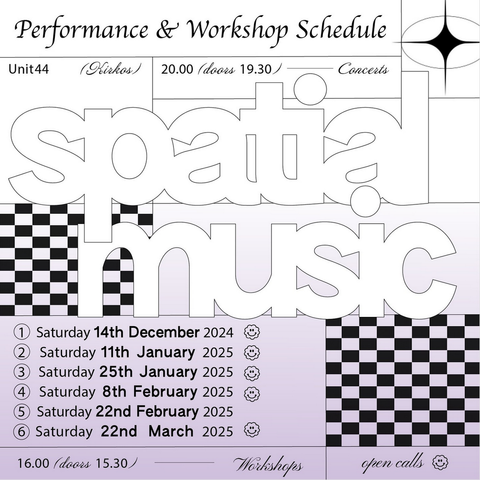 Poster for Kirkos Ensemble's Spatial Music worksop and concert series. Concerts are on 11th December 2024, 11th January 2025, 25th January, 8th February, 22nd February, and 22nd March.