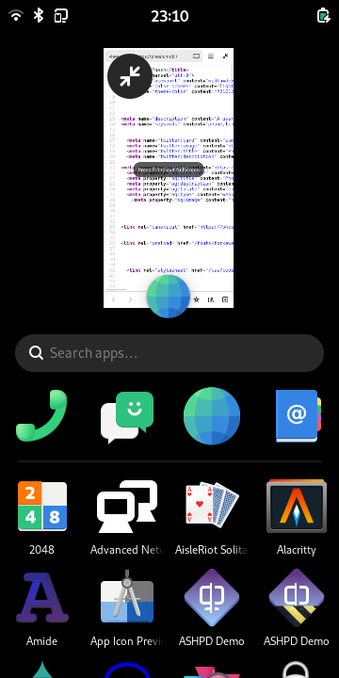A screenshot showing Phosh's overview. The thumbnail of the running application has an icon to take it out of fullscreen.