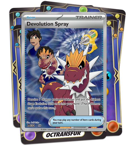 A custom Pokémon Trading Card Game card. A yellow aerosol gun is spraying Thinky. A three-panel sequence shows Thinky as a human, in mid-transformation, and fully transformed into a Tyrantrum.