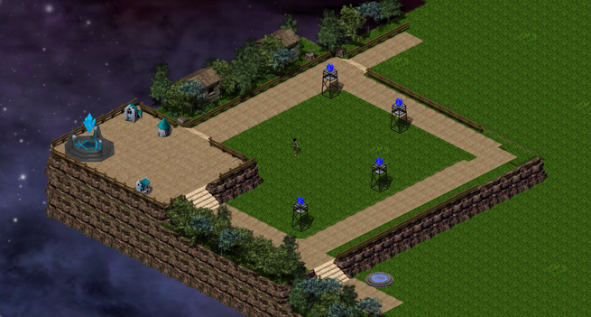 an image of the base of the good characters, under construction. the image shows 4 turrets with blue crystals above them and a base, on the right side, with a larger blue crystal. the image shows a part of the playing field, divided into 3 levels, with trees and other buildings, around, to visually "hide" the end of the map
