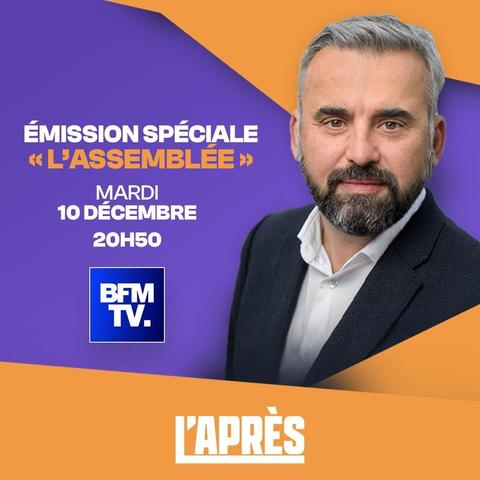 Un visuel carré, couleurs violet et orange. 

Photo d'un homme en veste, de trois-quarts. C'est Alexis Corbière.

Texte : 

Émission spéciale «l'Assemblée»

Mardi 10 décembre
20h50

BFMTV
L'APRÈS