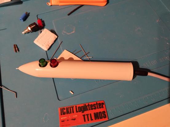 finished assembly. the probe tip needs rework, since it is too small and is lose, and the LEDs are very dim.