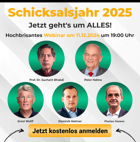 Werbung für ein Webinar in den es "um alles" geht, mit fünf bekannten Verschwörungstheoretikern und Schwurblern.