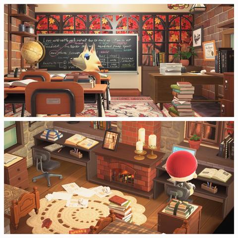 Collage of two Animal Crossing: New Horizons screenshots set on the island "Fiction." The upper screenshot shows the interior of an islander's home that is designed to look like a classroom filled with books in browns and other earthtones. The lower screenshot looks similar to a dorm room in earthtones with two desks and a fireplace in between.