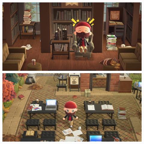 Collage of two Animal Crossing: New Horizons screenshots set on the island "Fiction." The upper screenshot the upper image is set indoors in a library style room with a bald, bearded villager laughing in a chair next to a desk with books on it. The lower image shows the same villager walking by an outdoor coffee house with tables covered in laptops, and papers of work ongoing.