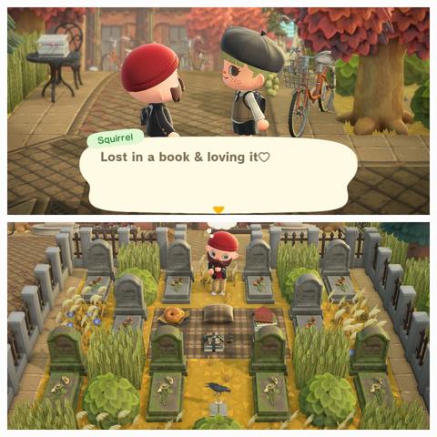 Collage of two Animal Crossing: New Horizons screenshots set on the island "Fiction." The upper screenshot shows a bald, bearded human talking to the human named Squirrel who is saying "Lost in a book & loving it" The lower screenshot shows a picnic area set in the middle of a graveyard.