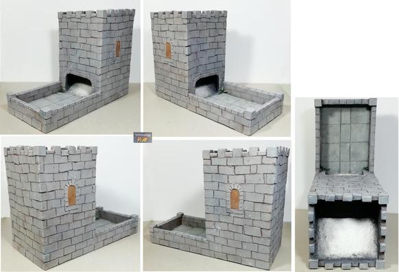 Castle themed dice tower. The brickwork was added one rectagle of card at a time.