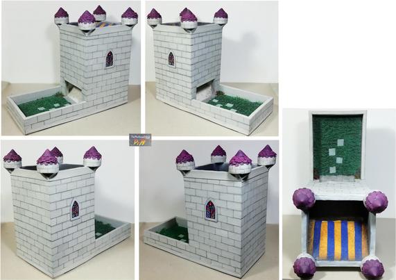 Fantasy themed dice tower. These bricks were added a row at a time to give a neater result. Added towers for princesses.