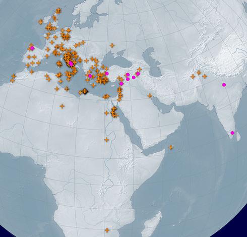 A terrain map with orange markers indicating updates and pink circles indicating new place resources. The map covers most of Europe, Central and South Asia, and Africa.