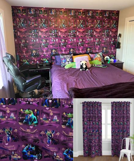 A vibrant bedroom featuring a bold statement wall covered in deep purple wallpaper with a whimsical, fantastical pattern of anthropomorphic animals in suits, set against a moody interior backdrop. The bed is dressed in coordinating purple linens, accented with plush pillows and quirky décor, including a green plush crocodile and a skull-shaped pillow, adding playful character. A black gaming chair and desk complete the space. 
a Close-up image details the intricate pattern of animals in suits, their unique personalities brought to life through vivid colors and expressive poses, in adjacent frames in the pattern illustrate the lavish rooms that these characters would inhabit. 

In this collage another image shows matching curtains, styled in the same dramatic print, they frame a window in another room, illustrating the pattern’s versatility for both walls and textiles. This imaginative design combines a rich color palette with storytelling elements, creating an enchanting and personalized interior.