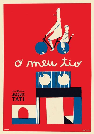 Stylised artwork, showing Monsieur Hulot high in the frame, with a pipe riding on a velosolex, his nephew is riding along on the back.
Underneath is a drawing of villa Arpel from the movie Mon Oncle, with the two eyes (windows) staring up towards Hulot.
The colors are red for the background and white plus blue for the building and the drawing above.