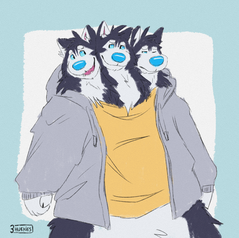 Husky Cerberus wearing a yellow shirt and a grey hoodie over it. Kit and Tai are looking at eachother while Ike is looking sleepy and annoyed.