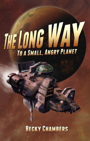 The book cover of the book The Long Way To A Small Angry Planet by Becky Chambers showing the Wayfarer ship crossing in front of a planet.