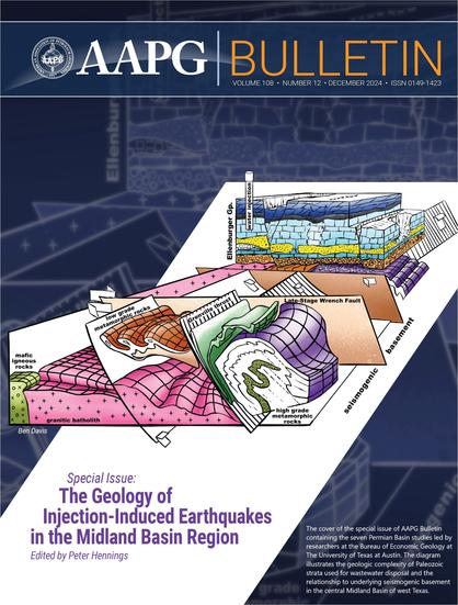 graphic - The cover of the special issue of AAPG Bulletin containing the seven Permian Basin studies led by researchers at the Bureau of Economic Geology at The University of Texas at Austin. The diagram illustrates the geologic complexity of Paleozoic strata used for wastewater disposal and the relationship to underlying seismogenic basement in the central Midland Basin of west Texas.