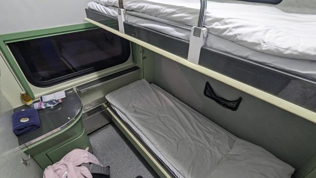 A MÁV sleeper carriage with my backpack on my compartment.