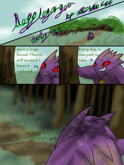 Jinji is a deep purple Gengar with crimson-red eyes that have thin yellow pupils around the iris; lengthier and sharper back spikes than typical; and always wears a coin-shaped pendant designed like a Dusk Ball. He has been exploring a large forest, taking a different path through each time, and is curious where this next one will lead.
