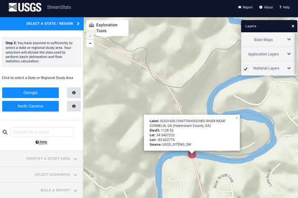 screen shot - selecting study area in USGS's StreamStats online interface
