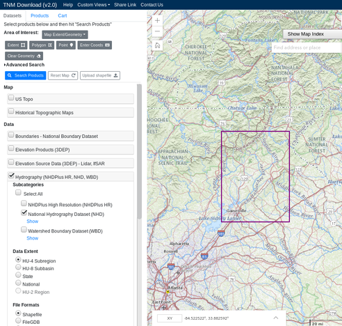 screen shot - selecting NHD data for download in the USGS's TNM online interface