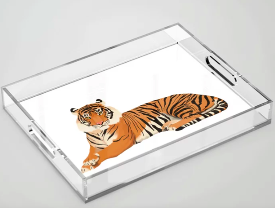 Our tiger mascot is shown on an acrylic tray.