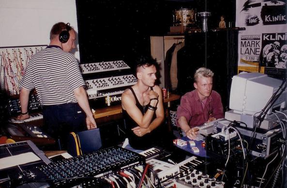 Recording sessions for NOISE UNIT “Grinding into emptiness”. On this picture: Marc Verhaeghen (The Klinik), Bill Leeb (Front Line Assembly) and Mark Burghgraeve (The Klinik, M.Bryo, Somnambulist) Pictures taken in Mark Verhaegen' studio in 1988/1989.