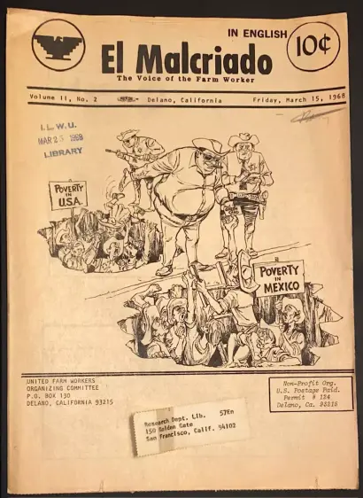 Portada de revista "El Malcriado", March 15, 1968, en blanco y negro. Agentes gordos de Estados Unidos controlan con armas la frontera entre pueblos pobres en EE.UU y México, casi idénticos en sí.