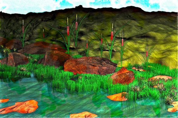An einem Seeufer sind hinter Felsbrocken zwischen Gräsern Lampenputzer zu sehen.

Typha can be seen behind boulders between the grasses on the shore of a lake.