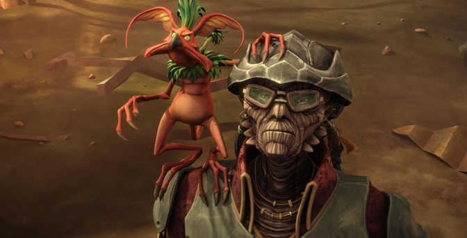 Hondo Ohnaka with Pilf Mukmuk perched on his shoulder